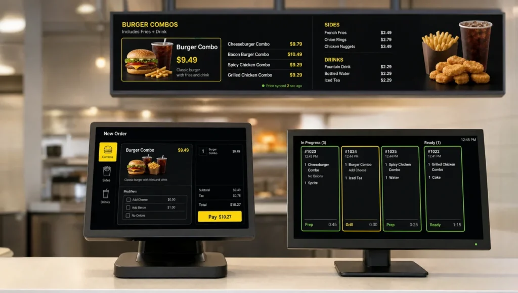 QSR POS system at a quick service counter with a POS terminal, a kitchen display and a menu board showing the same combo price.