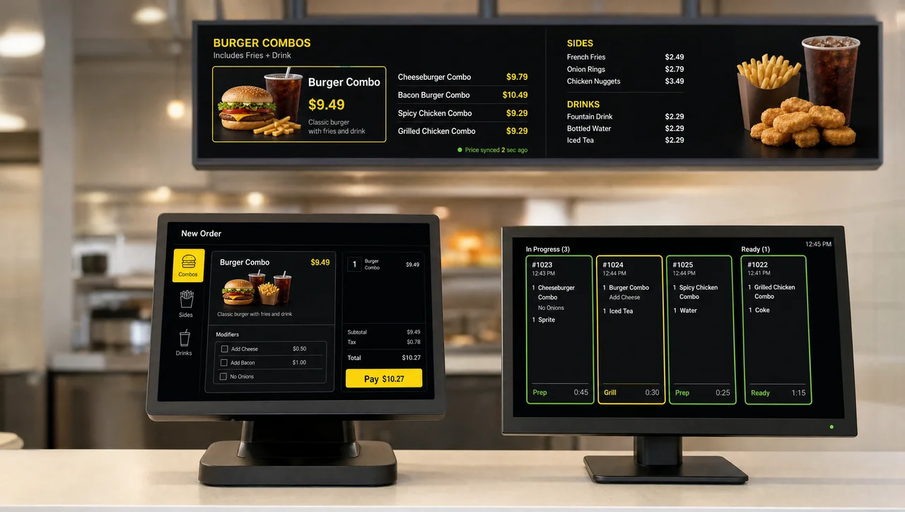 QSR POS system at a quick service counter with a POS terminal, a kitchen display and a menu board showing the same combo price.