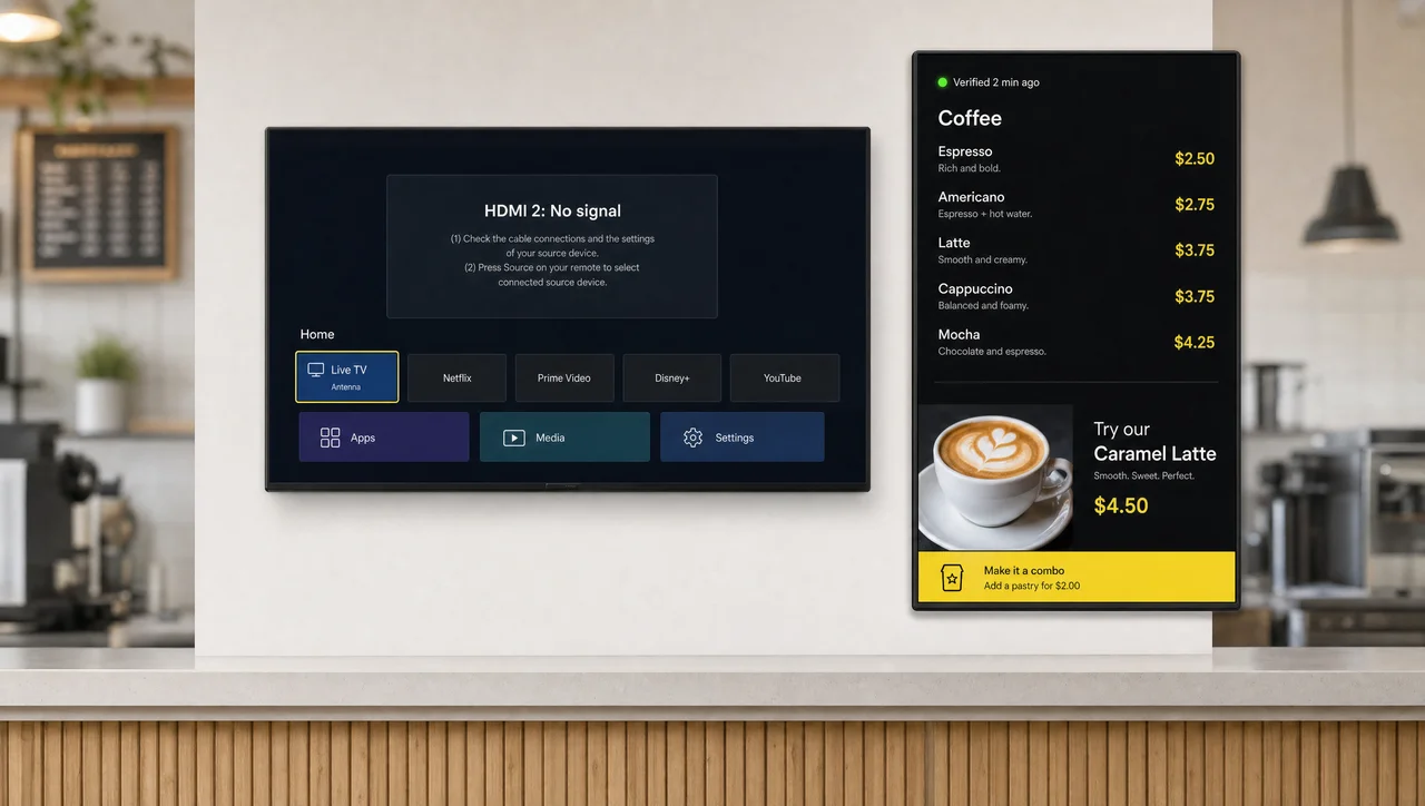 Can you use digital signage as a TV: a consumer TV showing no signal next to a working signage display in a café.