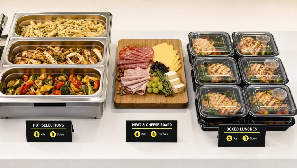 Catering menu ideas in three service formats: a hot buffet line, a grazing board, and boxed lunches.