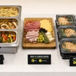 Catering menu ideas in three service formats: a hot buffet line, a grazing board, and boxed lunches.