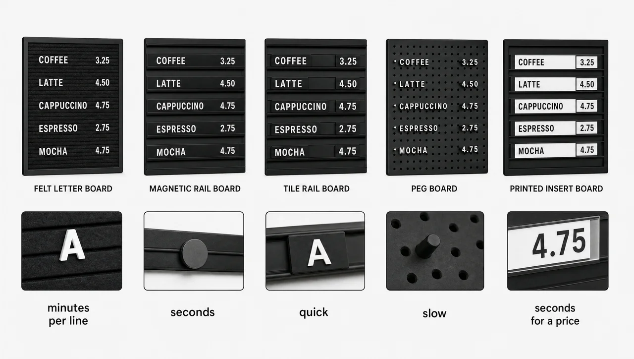 Five types of changeable menu boards for restaurants including felt, magnetic, tile rail, peg and price strip menu boards with changeable letters.