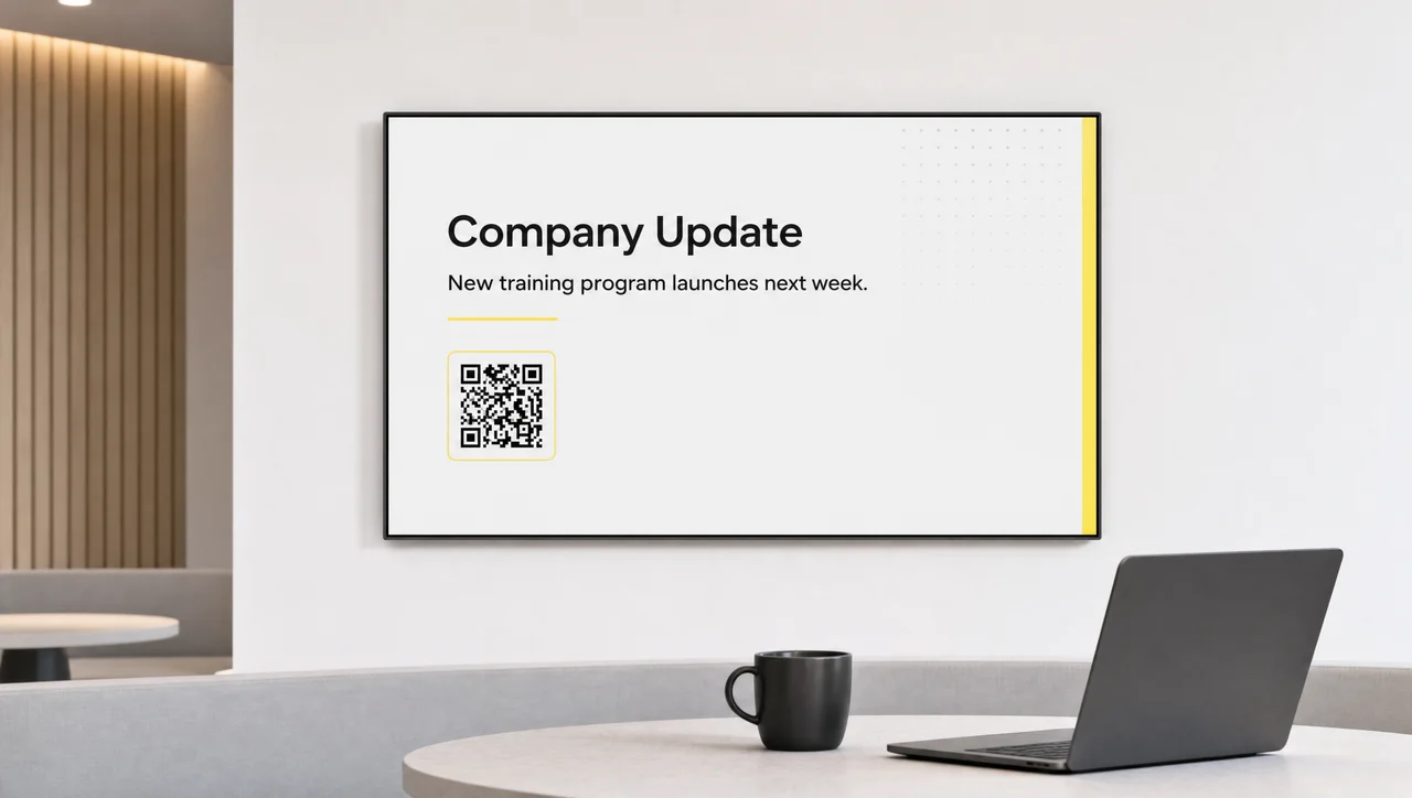 Leadership update on a company news screen in a branch office
