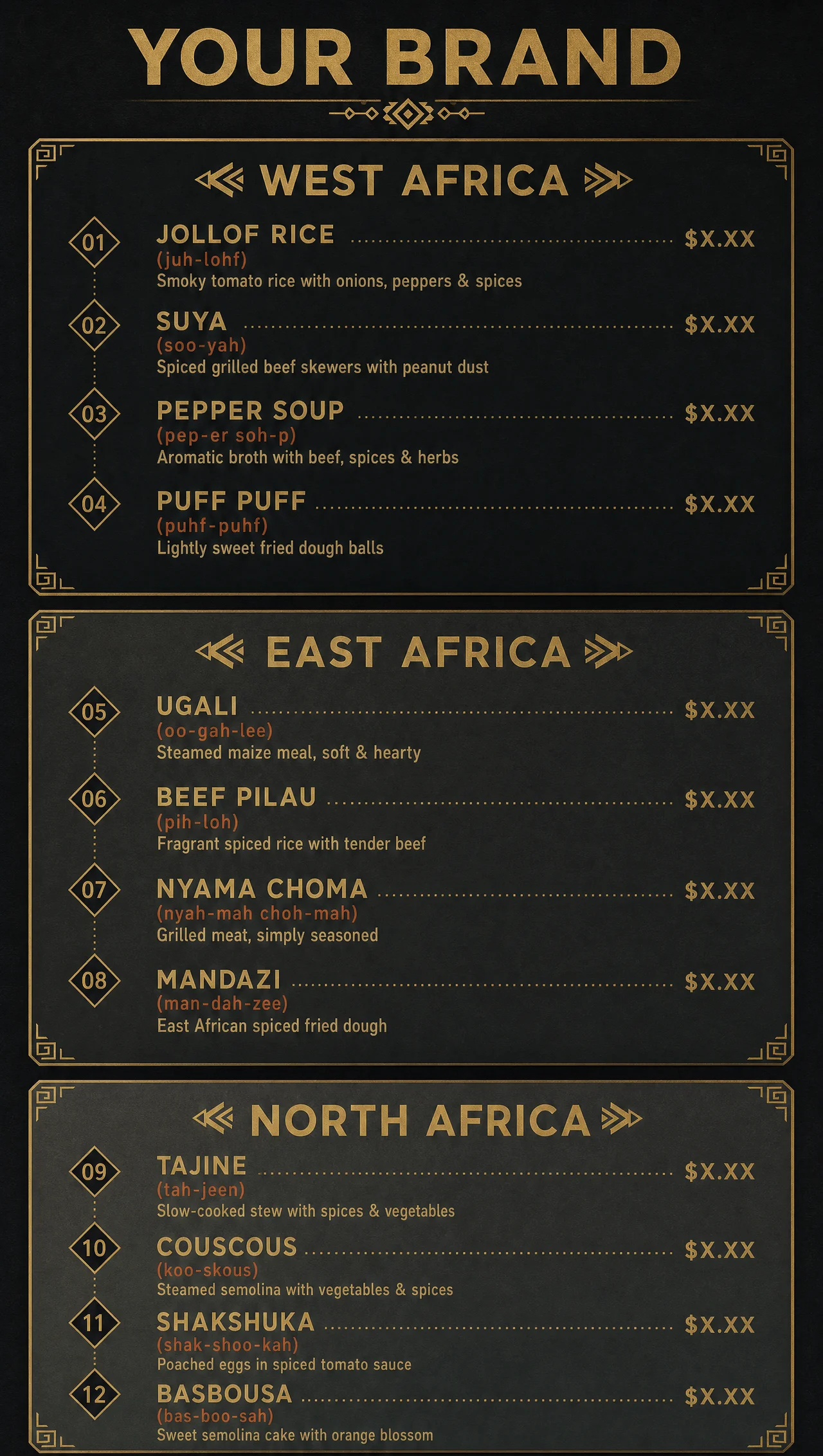African dine-in menu, vertical charcoal and brass board.