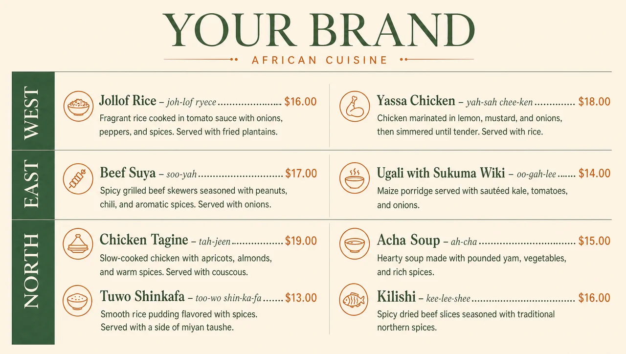 African menu ideas in a cream and deep green layout.