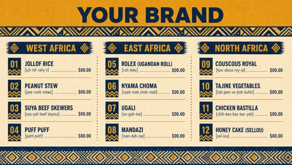African menu template, full design view.