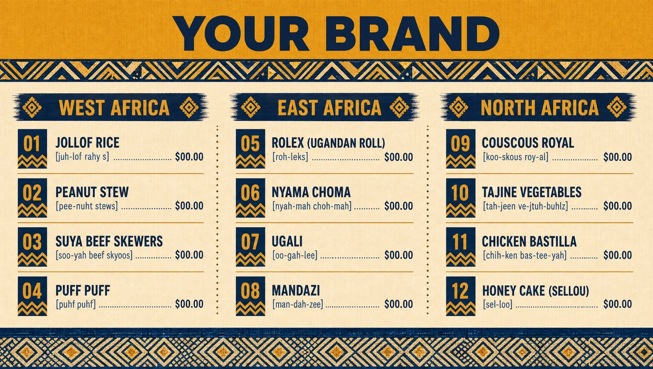 African menu template, full design view.