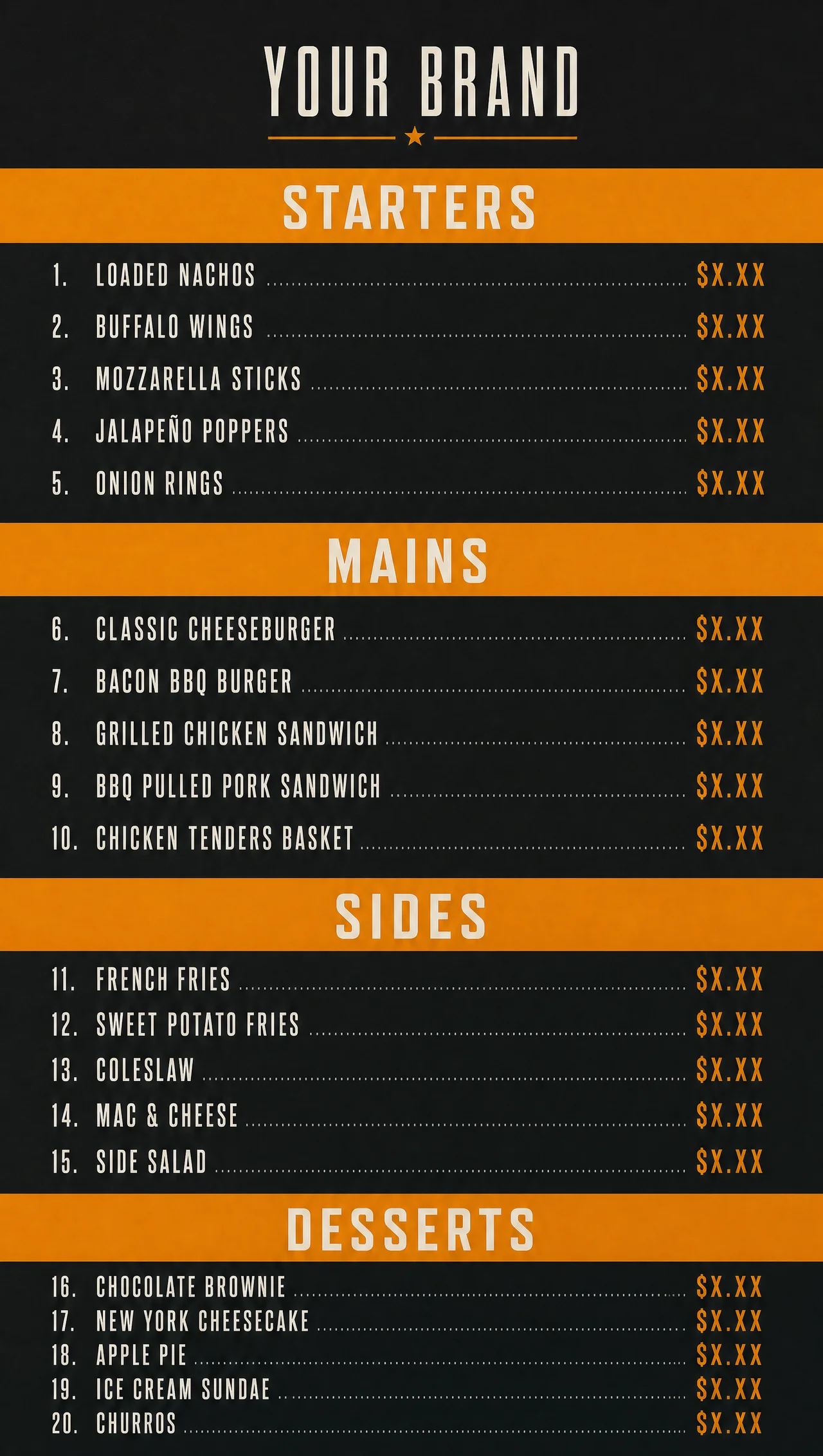 American cuisine menu in a vertical charcoal layout.
