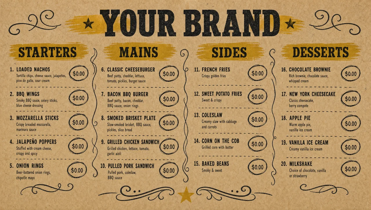 Americana restaurant menu on a kraft paper layout.