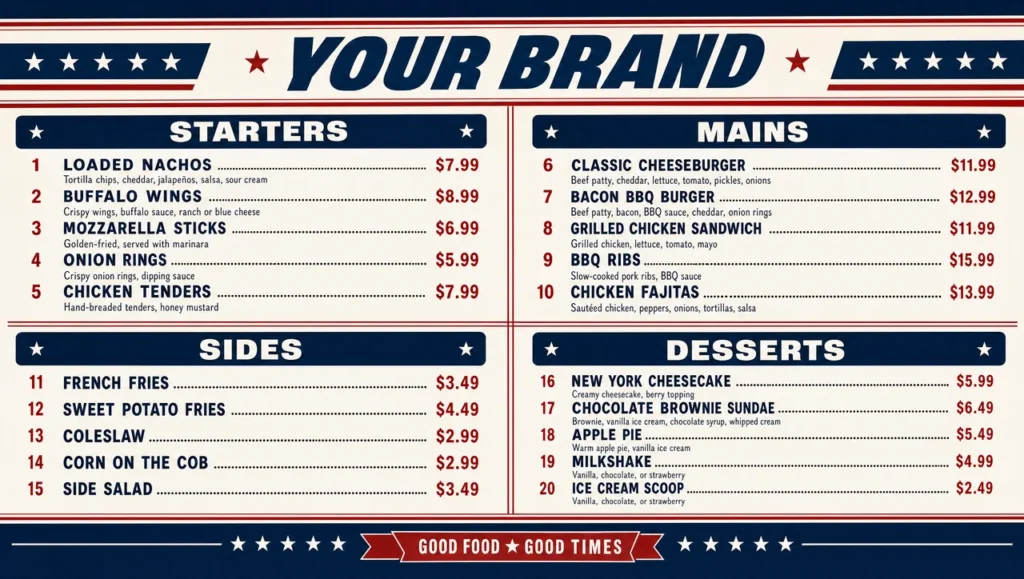 American restaurant menu template, full design view.