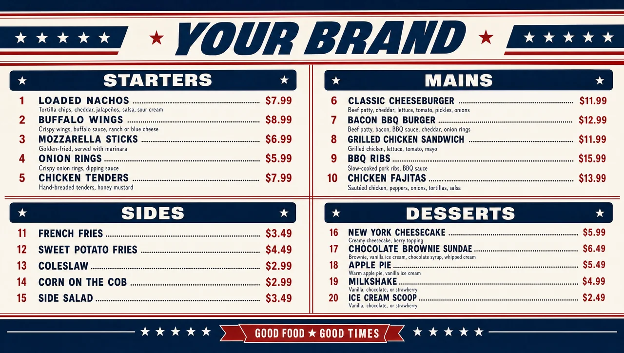 American restaurant menu template, full design view.