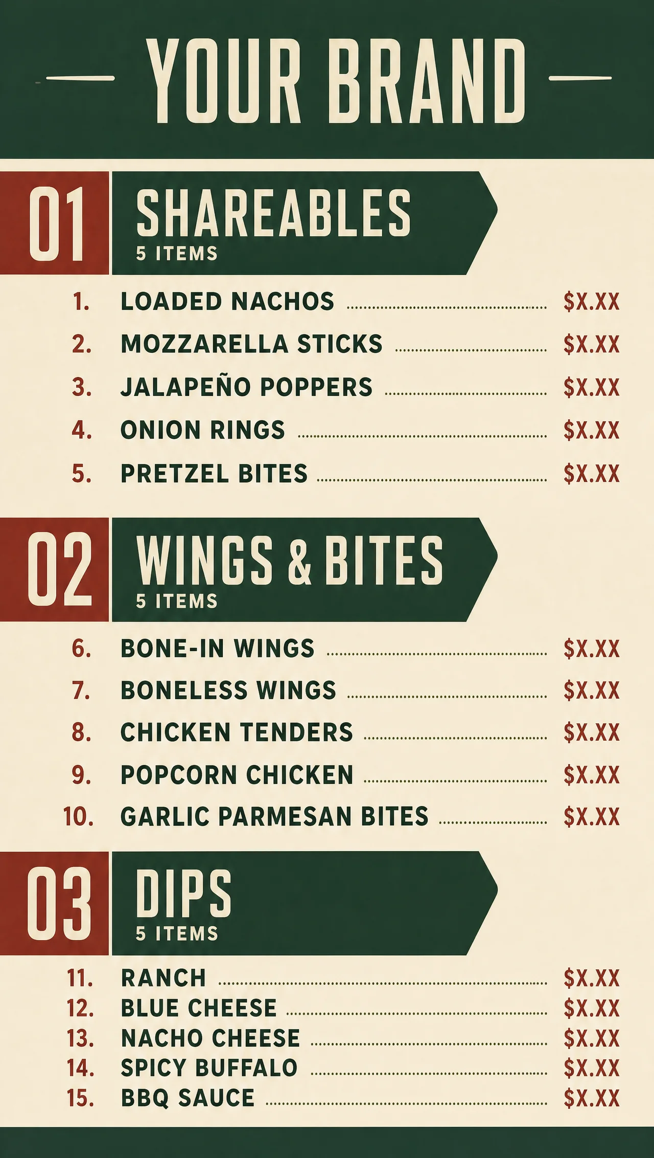 Restaurant appetizers menu, vertical design view.