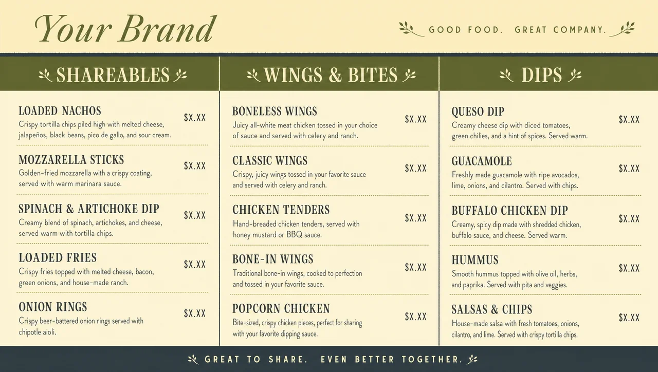 Appetizer menu list, full layout view.