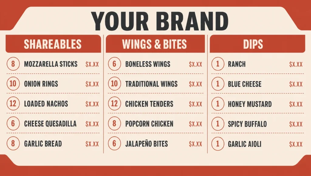 Appetizer menu template, full design view.