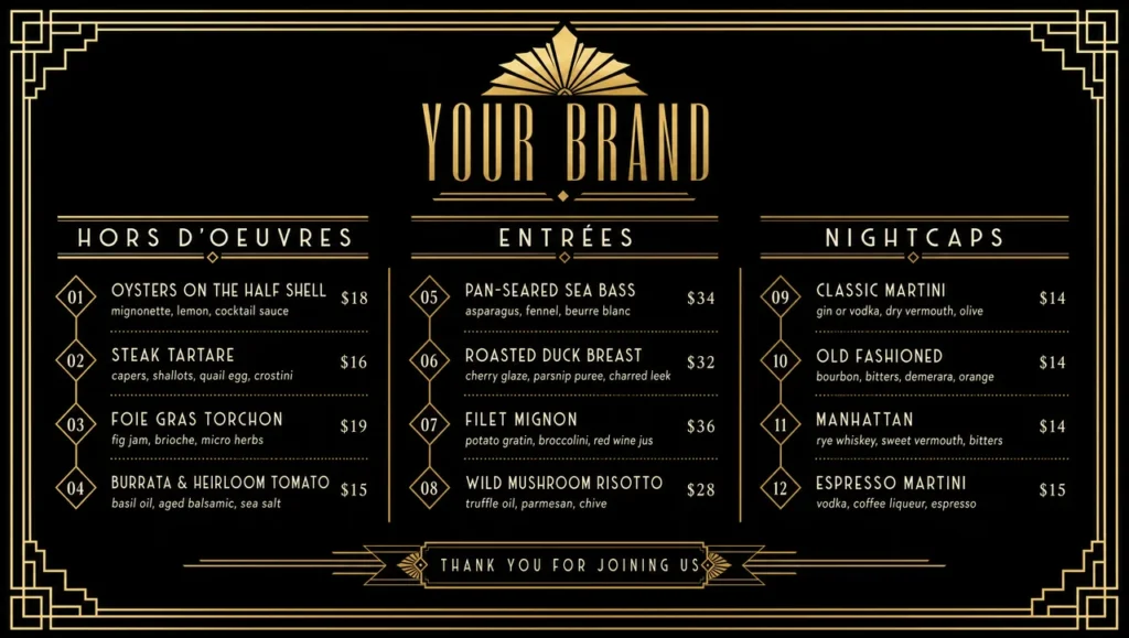 Art deco menu template, full design view.