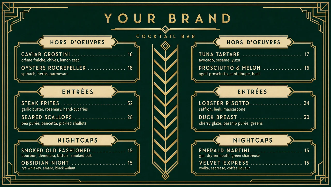 Art deco menu design with an emerald chevron layout.
