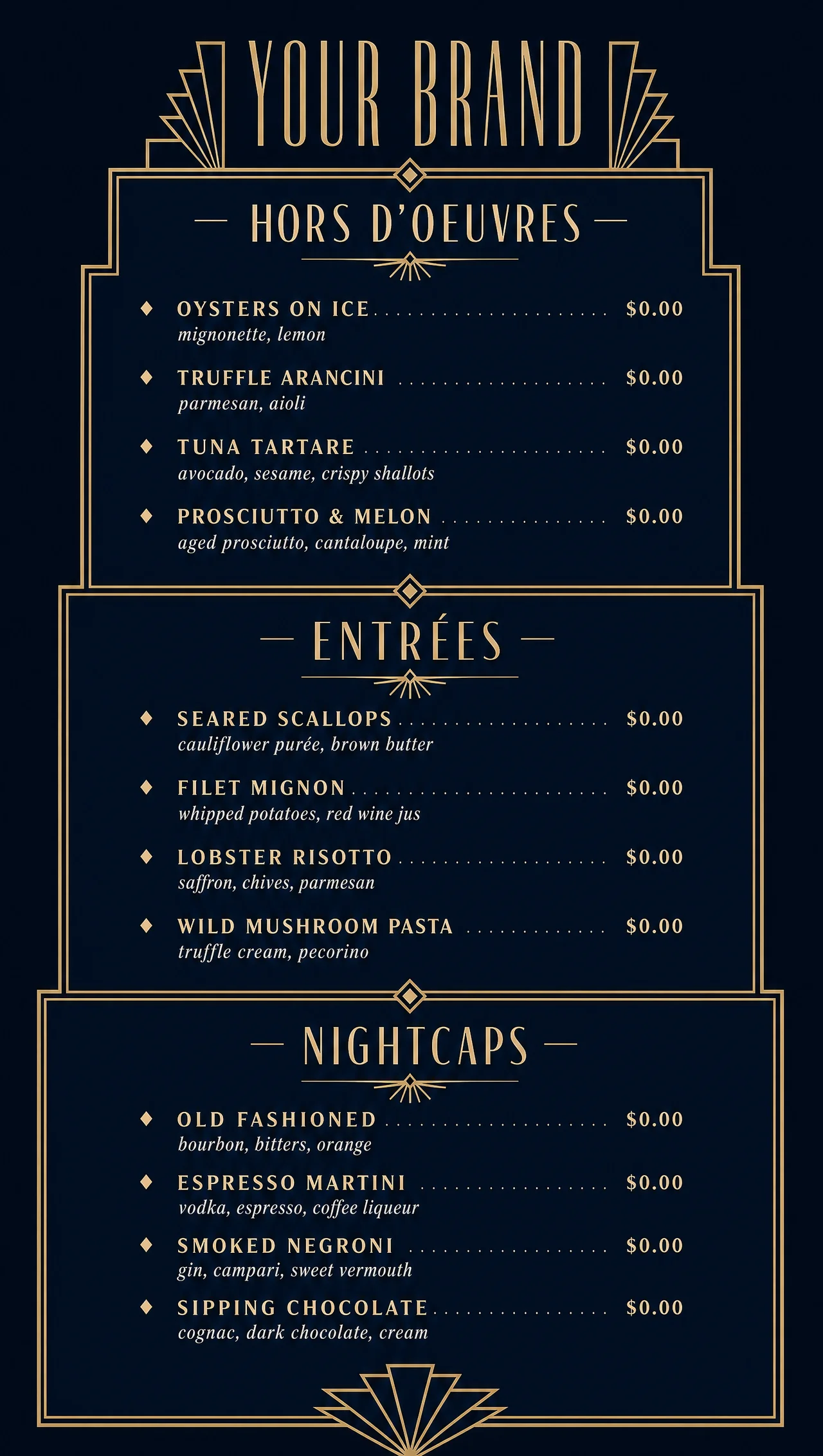 Art deco restaurant menu in a vertical midnight design.