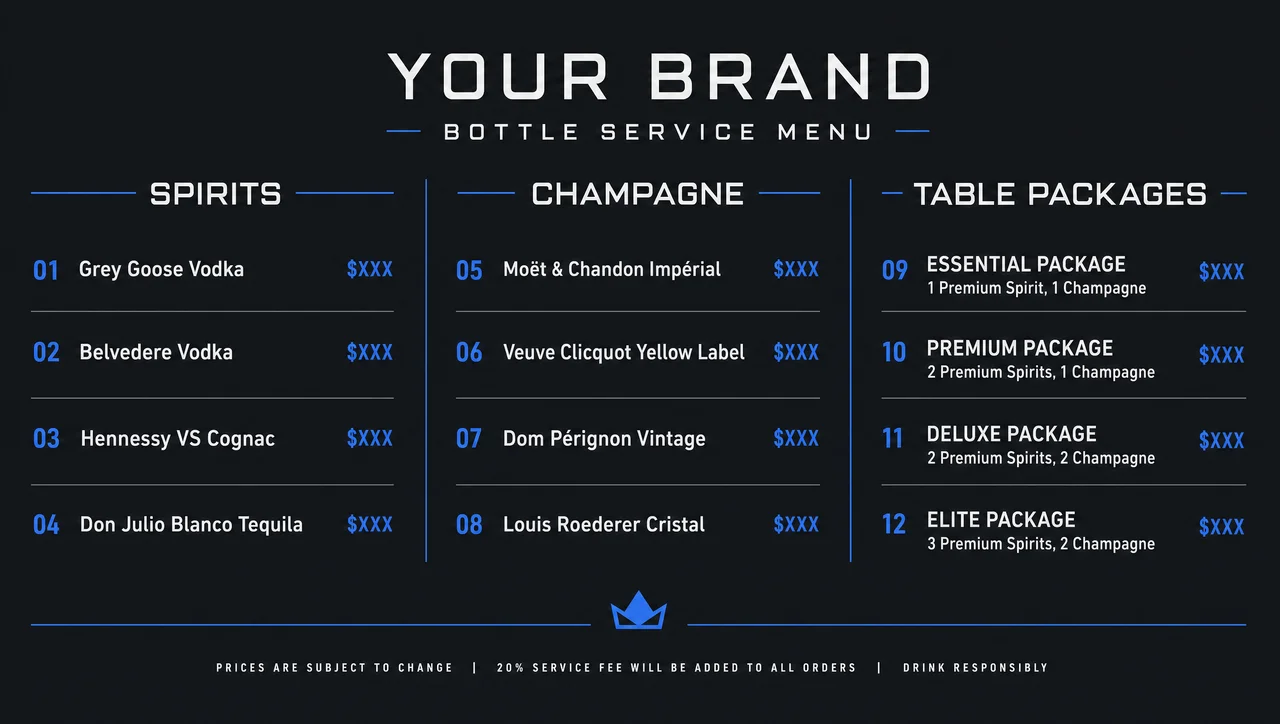 Bottle service menu, bright room layout.