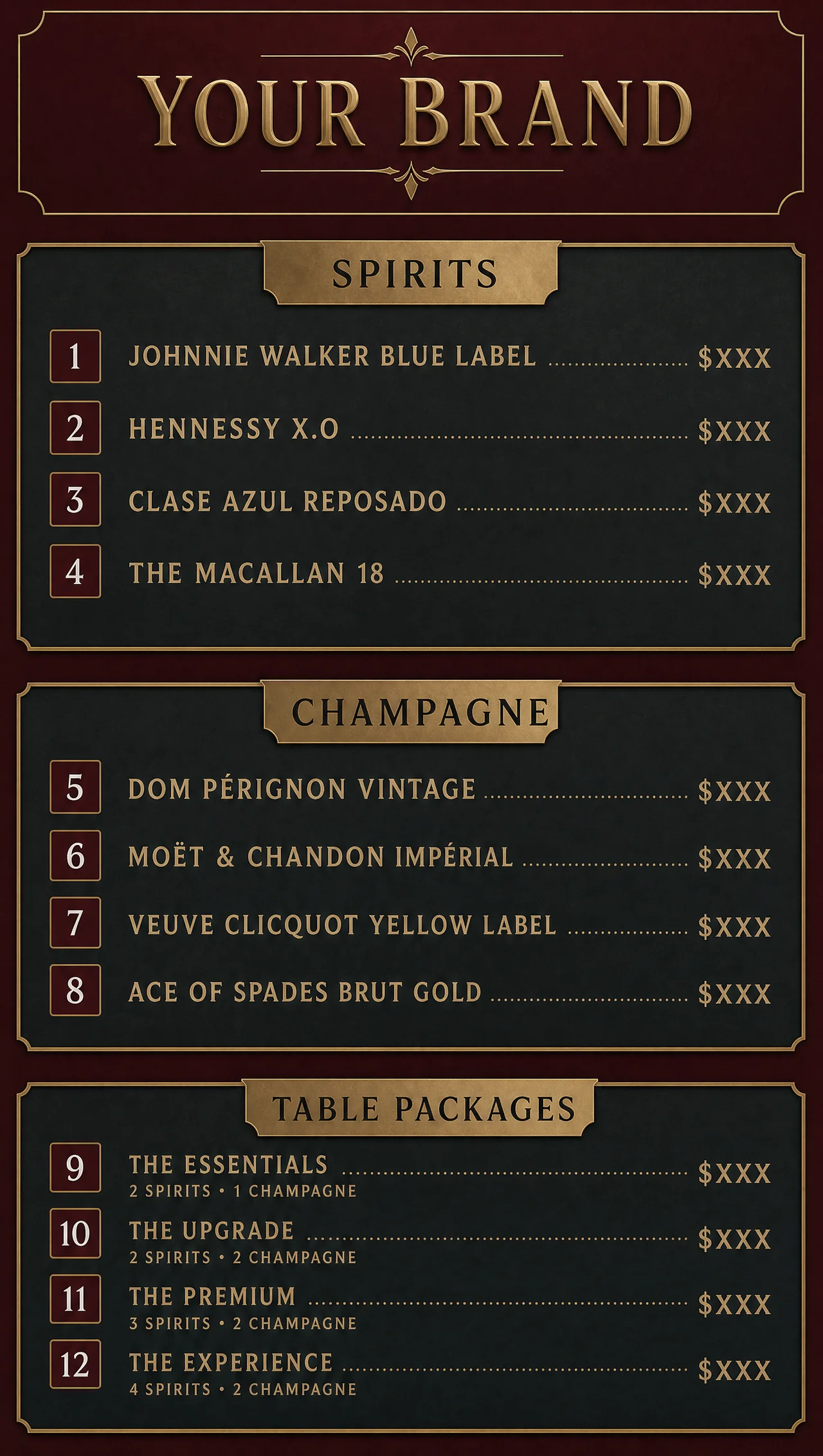 Bottle menu layout, vertical host stand design.