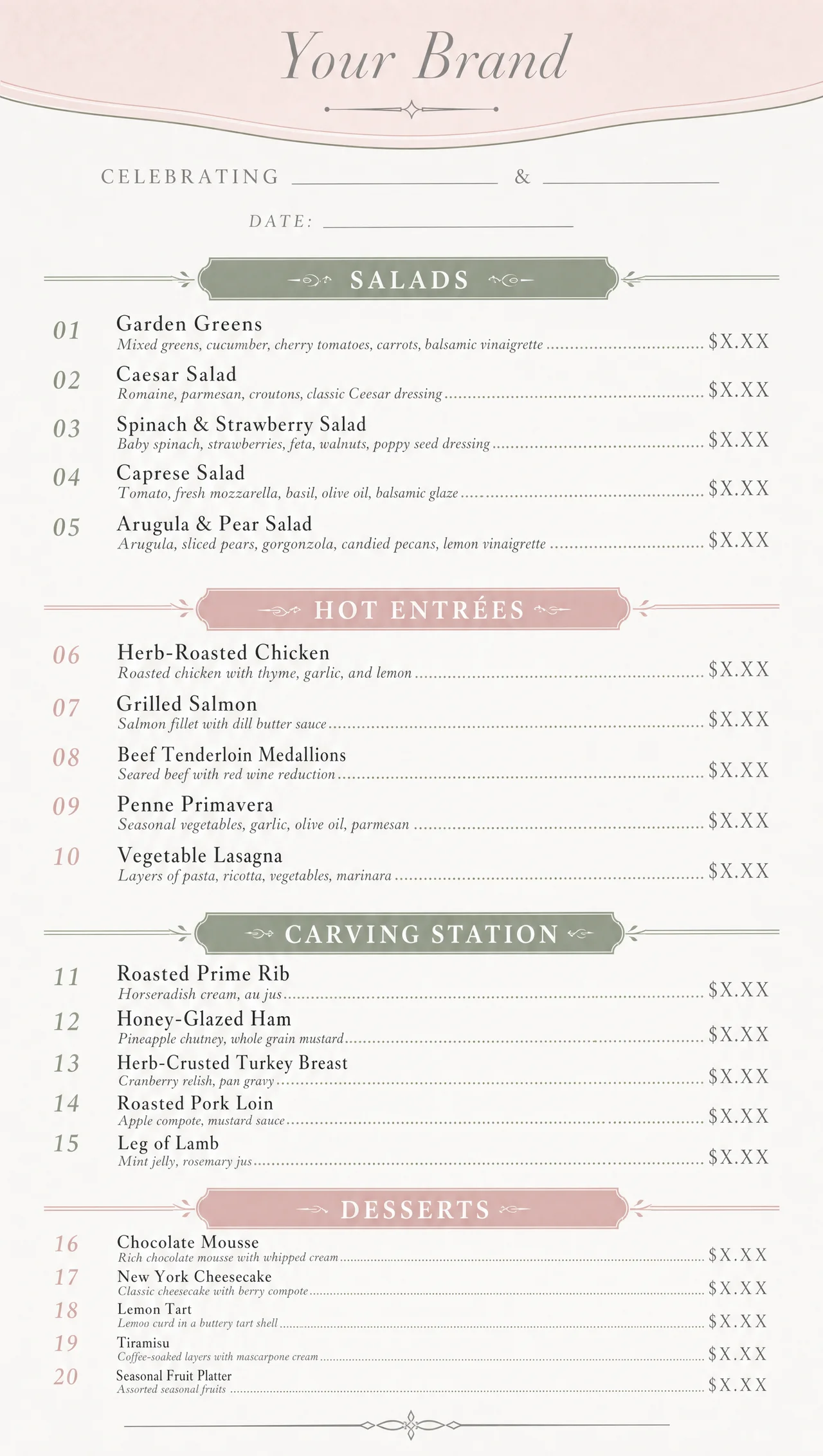 Elegant buffet menu, vertical design view.