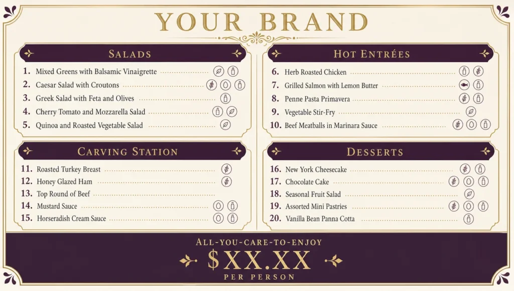 Buffet menu template, full design view.