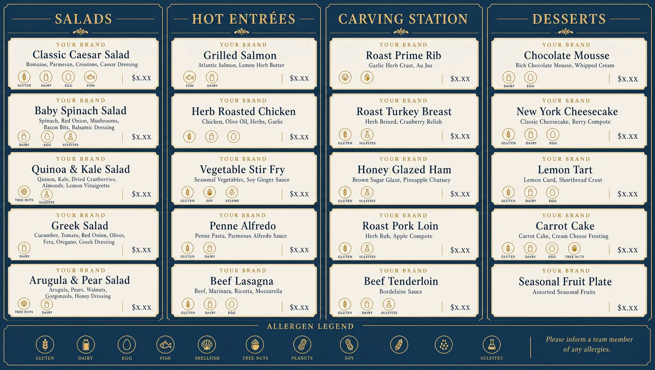 Buffet menu cards template, station card layout.