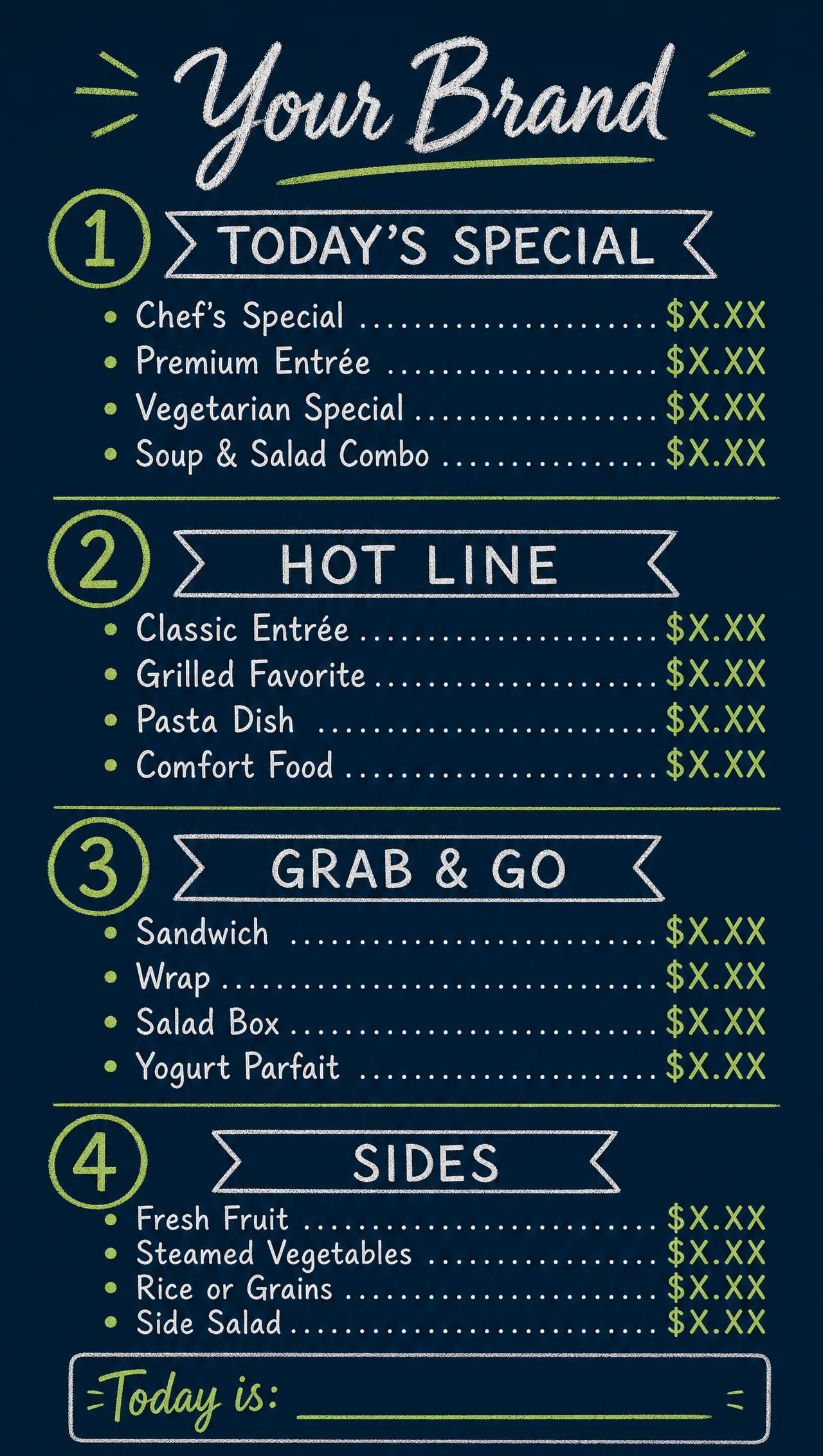 Cafeteria menu ideas, vertical layout design.