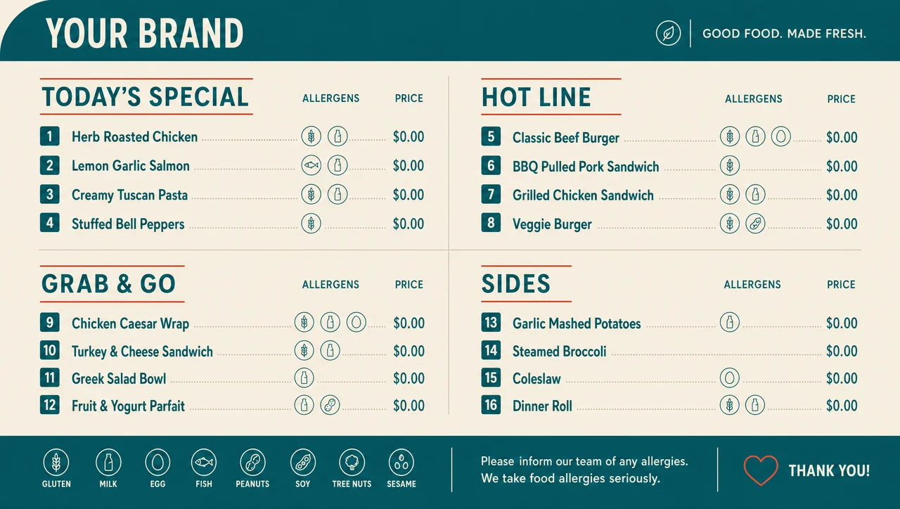 Cafeteria food menu, clean full layout.