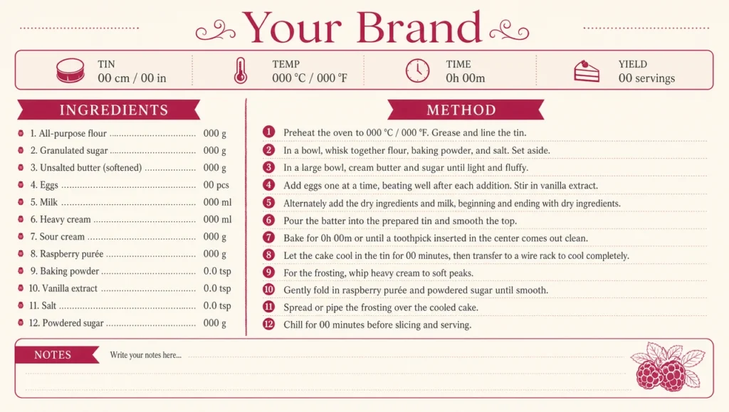 Cake recipe card template, full design view.