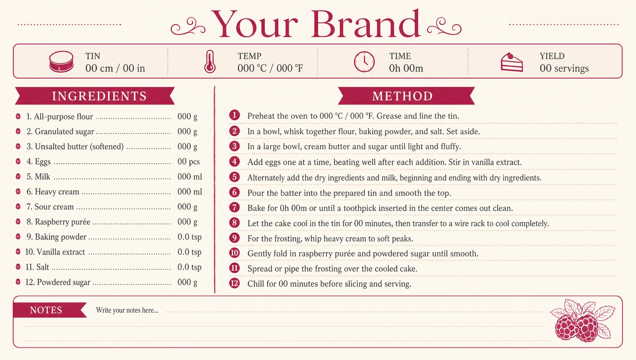 Cake recipe card template, full design view.