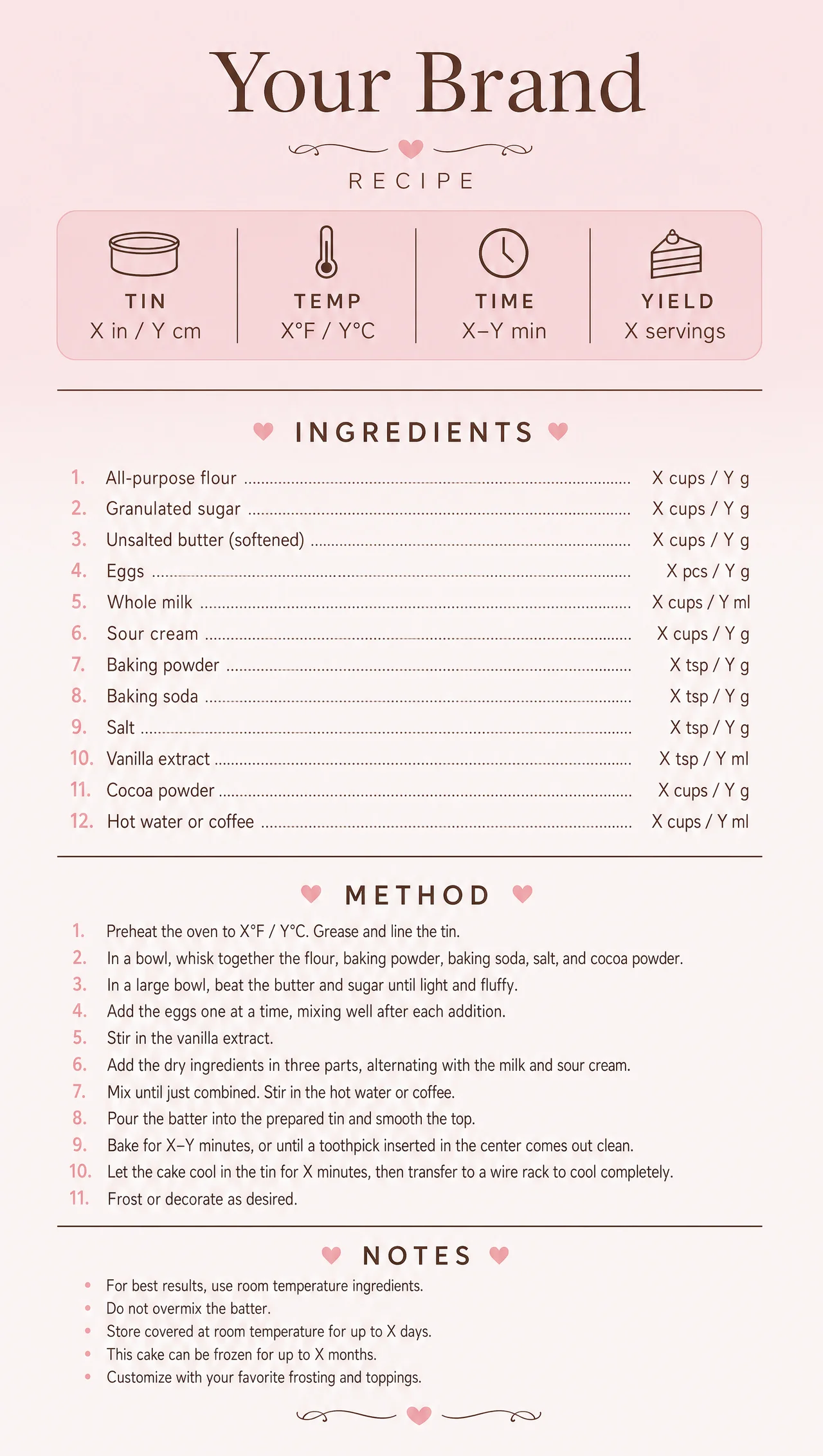 Cake recipe card in a vertical soft pink layout.