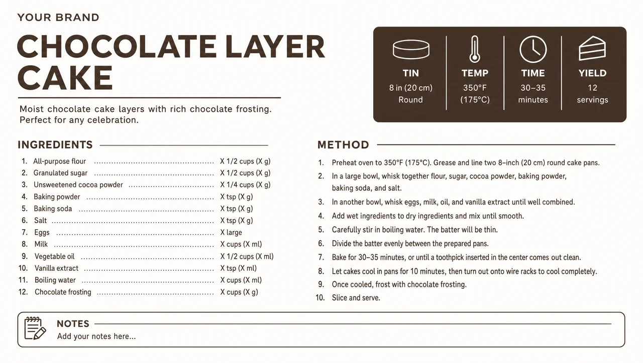 Cake recipe cards in a white and cocoa brown design.