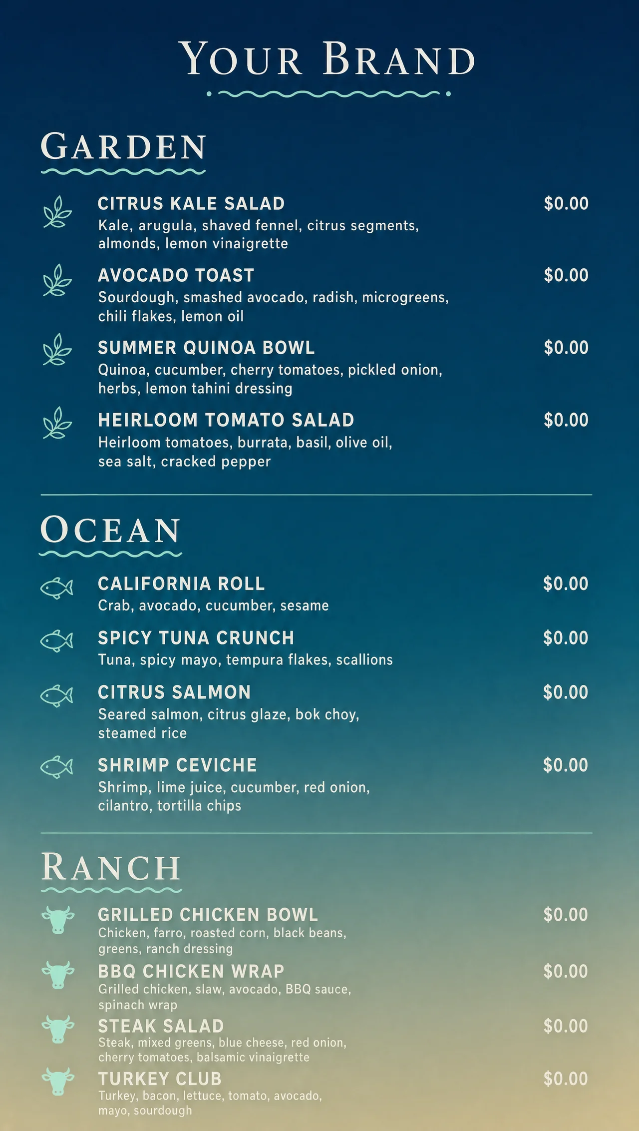 Fancy restaurant food menu on a vertical ocean blue panel.