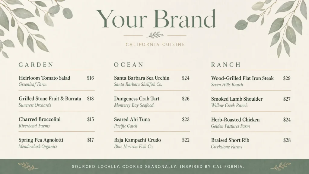 California restaurant menu template, full design view.