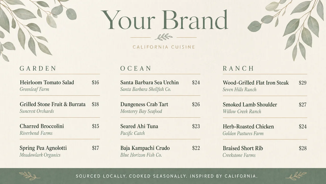 California restaurant menu template, full design view.