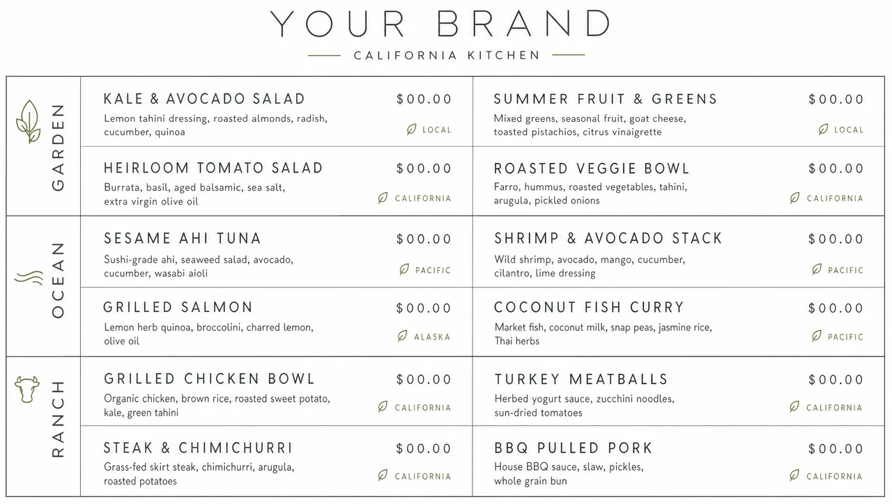 Fancy restaurant menu ideas in a white and slate grid.