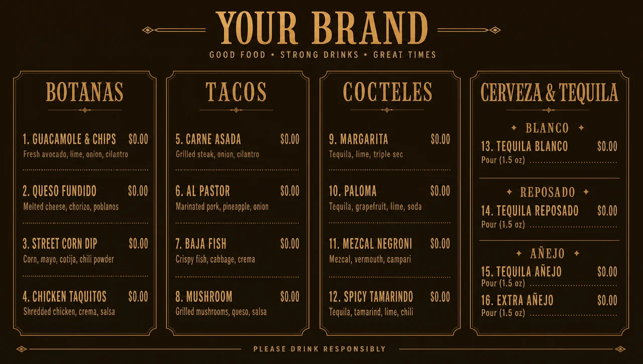 Mexican cantina menu with the tequila list split by age.