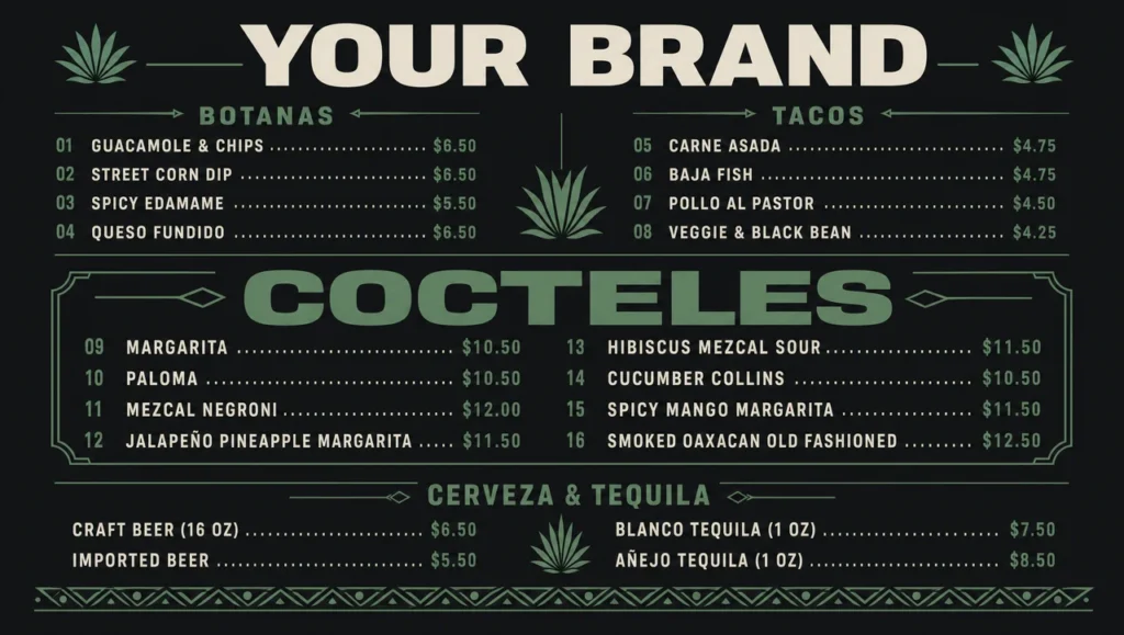 Cantina menu template, back bar design view.