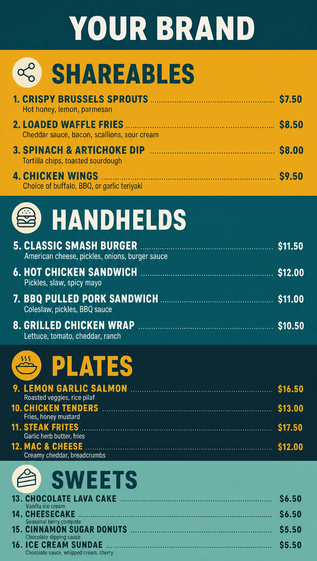 Casual dining menu ideas on a vertical mustard board.