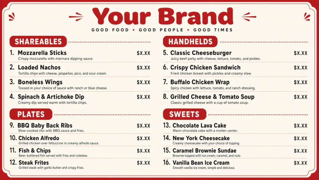 Casual dining menu template, full design view.