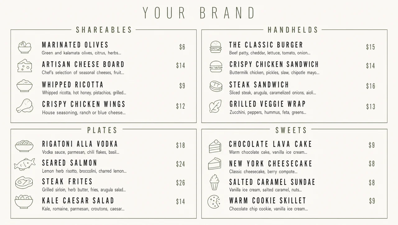 Casual restaurant menu on a sage and charcoal grid.
