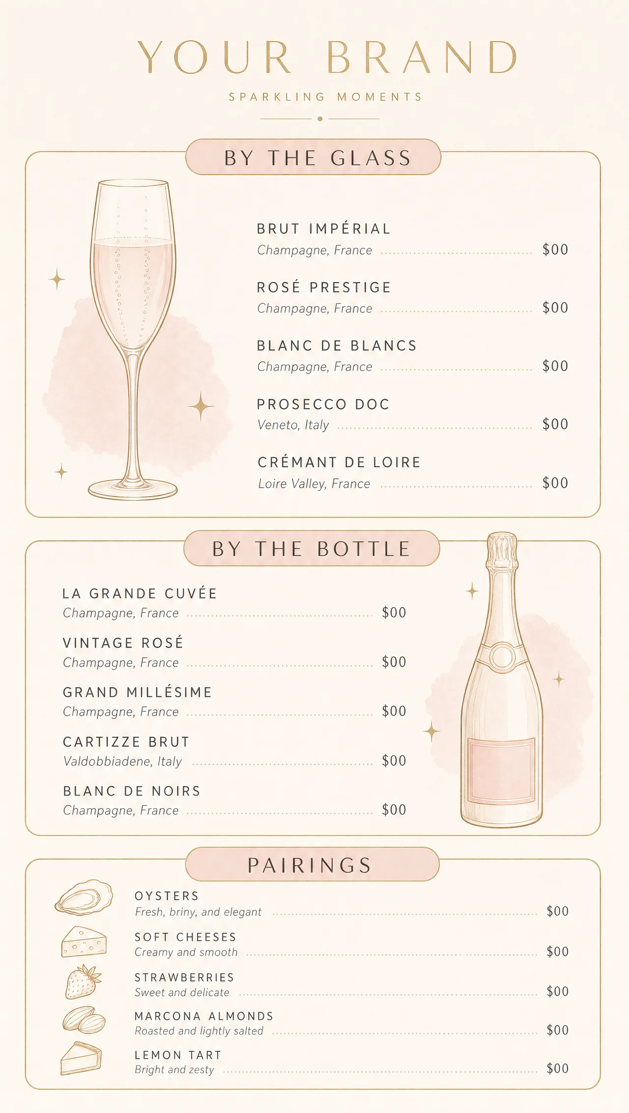 Champagne cafe menu, vertical daytime layout.