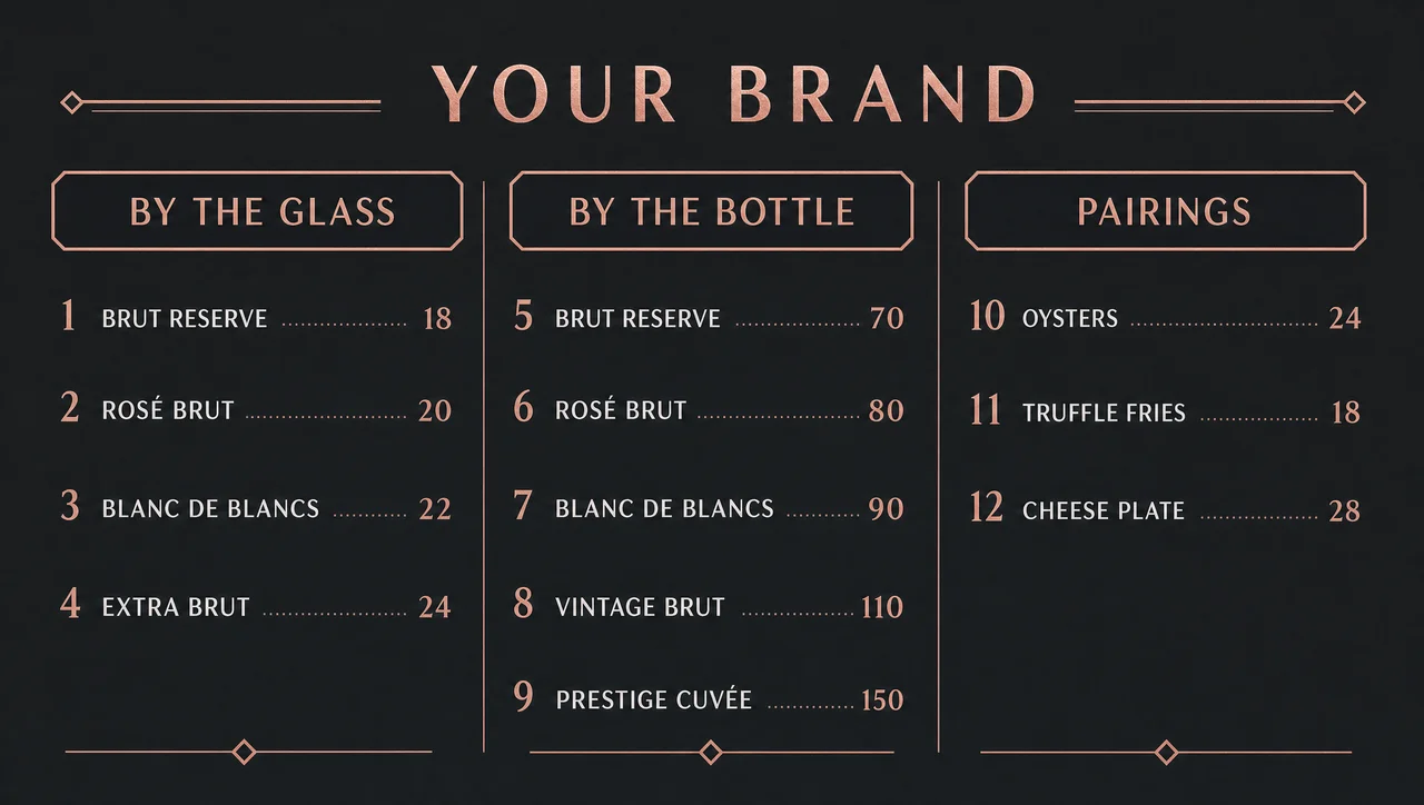 The champagne bar menu, dark full layout.
