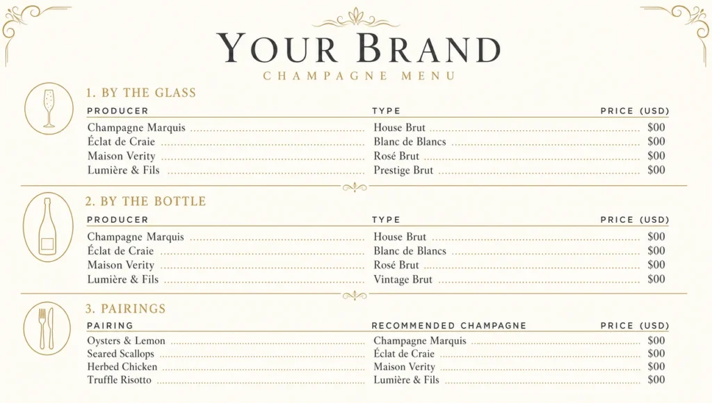 Champagne restaurant menu template, full design view.