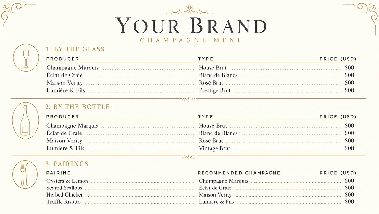 Champagne restaurant menu template, full design view.