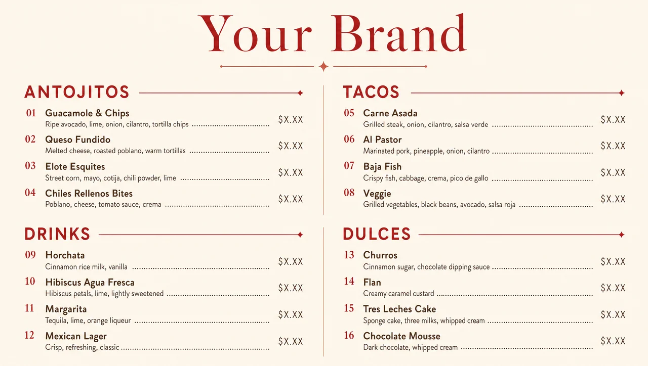 Cinco de mayo party menu, quiet full layout.