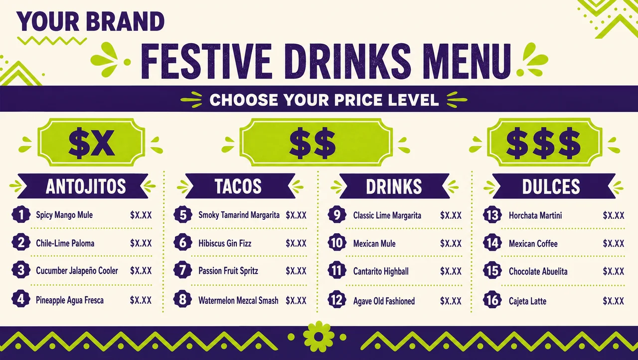 Cinco de mayo drink menu, three-tier layout.
