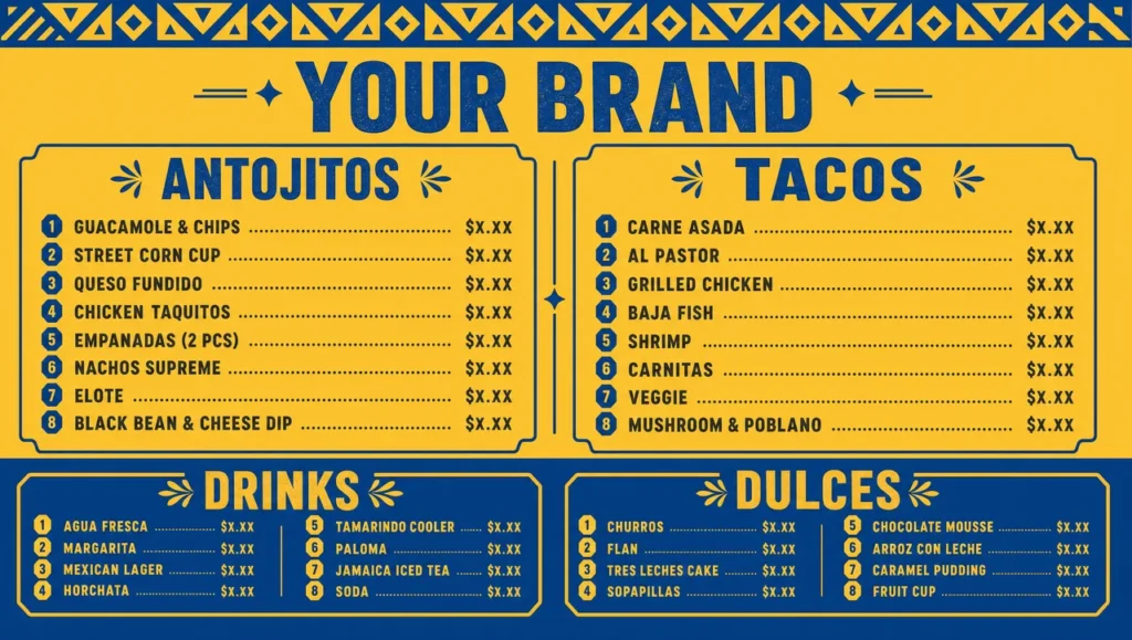 Cinco de mayo food menu template, full design view.