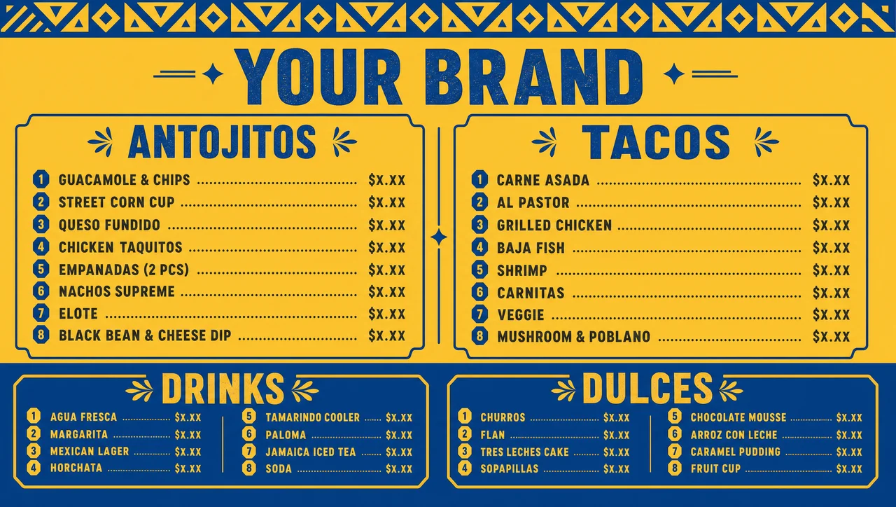 Cinco de mayo food menu template, full design view.