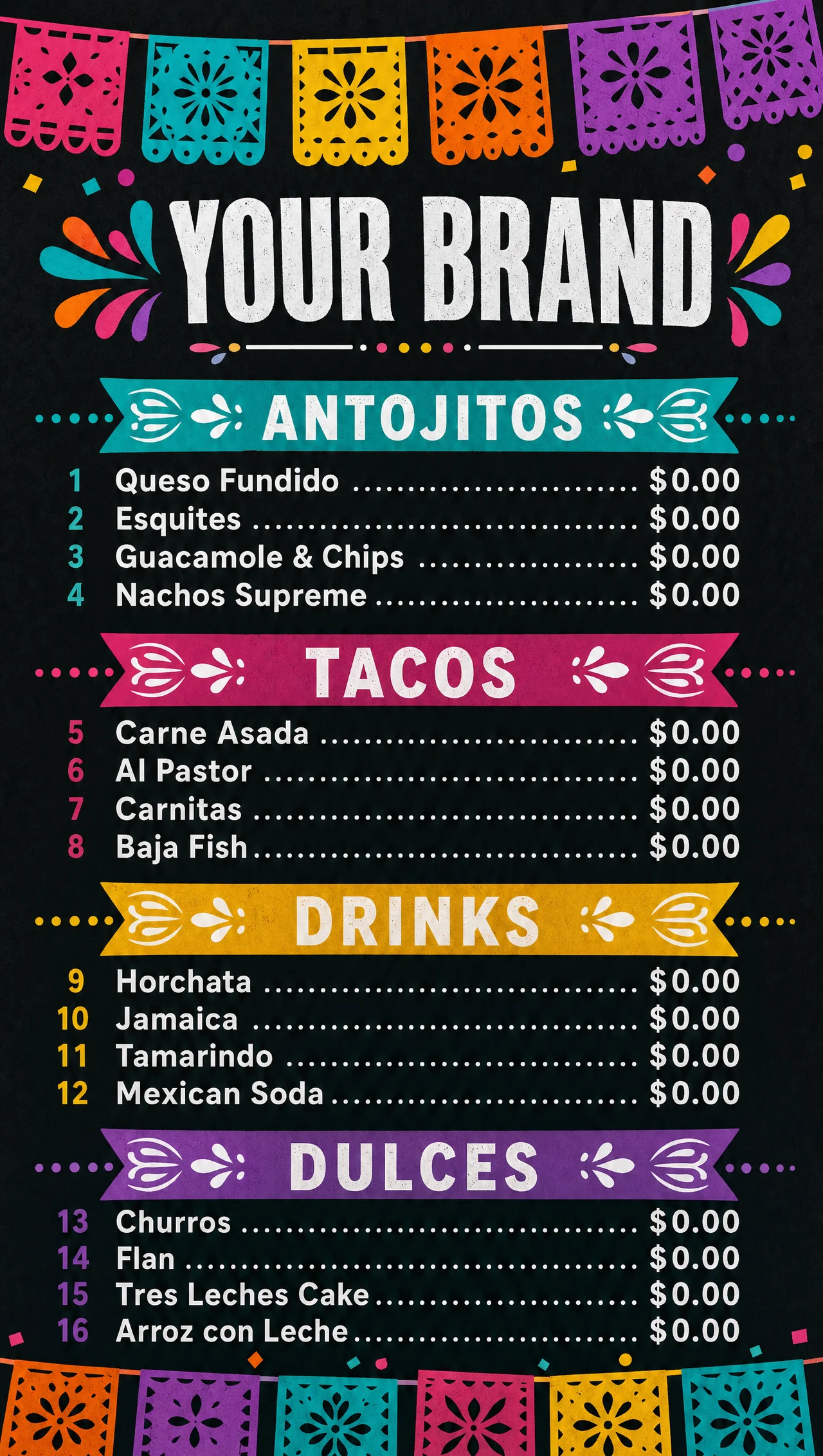Cinco de mayo fiesta menu, vertical entrance design.